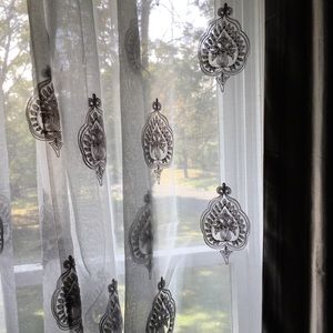 [SOLD] 2 Pairs (4 Panels) Sheer Curtains White w/ Pewter Embroidery. Gorgeous!